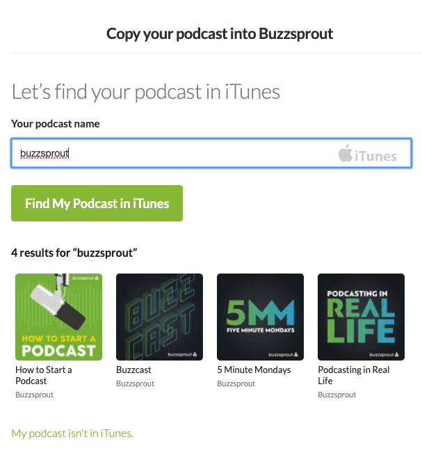 Buzzsprout copy podcast search screen