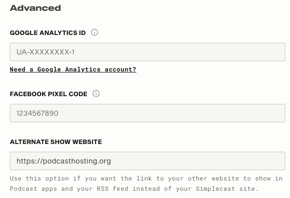 Simplecast website advanced settings (Google Analytics, Facebook Pixel, Website)