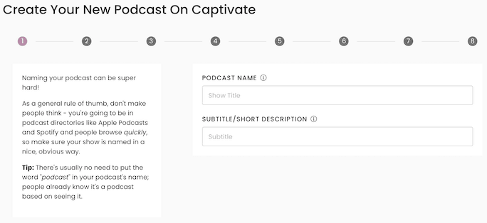 Captivate New Podcast Step 1: Podcast Name